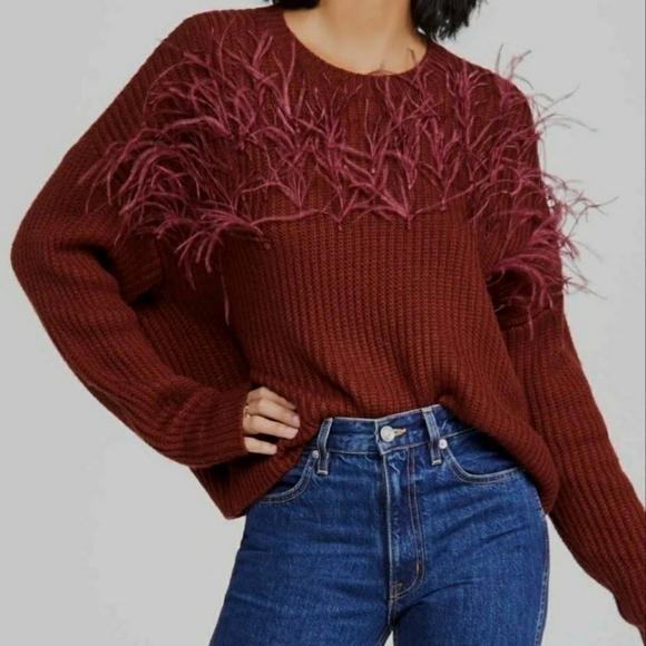 Cinq à Sept Melanie Burgundy Ostrich Feather Wool-Blend Sweater - Picture 2 of 9